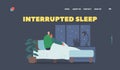 Interrupted Sleep, Insomnia, Internet Communication Landing Page Template. Male Character with Phone Sit in Bed