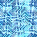 Intersected, interweaved irregular lines, stripes blue grid pattern. Interlocking, weaved curvy and jagged lines, stripes. Tweaked Royalty Free Stock Photo