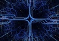 Intersecting blue lines form a complex network against a dark background. Resembling a digital Royalty Free Stock Photo