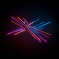 Intersecting neon lines of blue, orange, and pink create a dynamic, abstract pattern