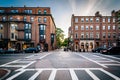 Intersection along Charles Street in Beacon Hill, Boston, Massachusetts. Royalty Free Stock Photo