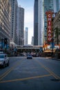 an intersection at the chicago downtown train station, with traffic and tall buildings in the Royalty Free Stock Photo