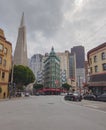 Intersection on Columbus ave in downtown San Francisco with views of the trans american pyramid