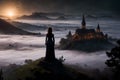 A spooky woman looking towards a dark and horrific old town amid haunting clouds. Gothic, steampunk and supernatural. Royalty Free Stock Photo