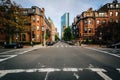 Intersection and historic buildings in Back Bay, Boston, Massachusetts.