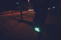 intersection at night with traffic light for a cycling lane showing green bicycle symbol and moving lights in blurred background