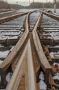 The intersection of railway tracks in the form of arrows. Royalty Free Stock Photo