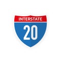 Interstate highway 20 road sign icon isolated on white background. Vector illustration. Royalty Free Stock Photo