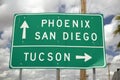 A interstate highway sign in Arizona directing traffic to Tucson, San Diego and Phoenix, AZ