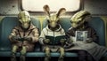 Interstellar Commuters: Anthropomorphic Aliens Engrossed in Beautiful Comic Art on Subway Train