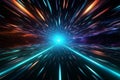 Interstellar hyperjump 3D rendering showcases a neon lit space tunnel