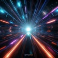 Interstellar hyperjump 3D rendering showcases a neon lit space tunnel