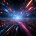 Interstellar hyperjump 3D rendering showcases a neon lit space tunnel