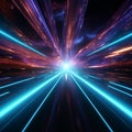 Interstellar hyperjump 3D rendering showcases a neon lit space tunnel