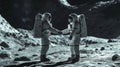 Interstellar partnership: spacemen shake hands on moon\'s surface