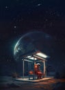 Interstellar traveller awaiting a bus under unfamiliar night sky of alien planet, sci-fi concept, generative AI