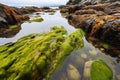 intertidal zone rocks covered in vibrant seaweed