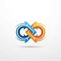 Intertwined arrows in blue and orange create an infinity symbol on a white Royalty Free Stock Photo