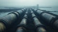 Surreal image of biofuel and fossil fuel pipelines intertwining like tree roots, a symbolic representation of the complex energy
