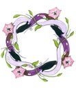 Intertwined purple swirls decorated with pink bindweed flowers Royalty Free Stock Photo