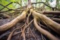 intertwined roots of large trees in the undergrowth