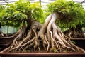 intertwined roots of two bonsai trees in a single pot