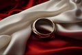 Intertwined silver rings on a bed of silk, symbolizing the unity and connection of love on Valentine\'s Day. AI Generated