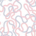 Intertwining Nautical Blue Outlined Ropes on White Background Vector Seamless Pattern. Blue, Red Marine Background