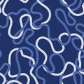 Intertwining Nautical Blue and White Ropes on Dark Blue Background Vector Seamless Pattern. Monochrome Marine Background