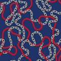 Intertwining Nautical Ropes, Chains, on Dark Navy Background Vector Seamless Pattern. Resort Marine Background