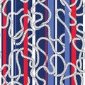 Intertwining Nautical White Ropes and Stripes Vector Seamless Pattern. Red and Blue Marine Background