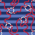 Intertwining Red Nautical Ropes and Chain Links on Striped Background Vector Seamless Pattern. Stripes Marine Print