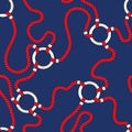 Intertwining Red Nautical Ropes and Chain Links Vector Seamless Pattern. Tangled Cords Navy Blue Marine Background