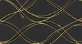 Gold flowing curved lines abstract pattern on a dark charcoal gray textured background with subtle light reflections Royalty Free Stock Photo