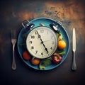 Interval fasting concept. Dietary pattern issues. Nutriciology. Plate, food and clock in a stylish, AI generated Royalty Free Stock Photo