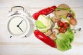 Interval fasting or IF, food products, and an alarm clock indicate the period of time during which it is allowed to eat, diet