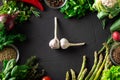 Interval vegetarian food concept. Different types of vegetables. Garlic like the hands of a clock