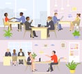 Interview for business job in office, vector illustration. Man woman character at work meeting, conversation with Royalty Free Stock Photo