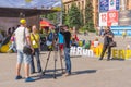 Interview on a central square of the city during Interipe Dnipro Half Marathon race on the city street
