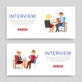 Interview inscription on banner, set business posters, staff office, manager work, design, cartoon style vector Royalty Free Stock Photo