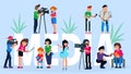 Interview media tv news, vector illustration. Reporter and journalist with microphone, press report at camera