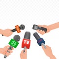 Interview news microphones and voice recorder in hands of reporters journalist press conference. Hot news banner