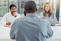 Interview, recruitment or hiring with hr team in meeting with job seeker, professional or unemployed man in company Royalty Free Stock Photo