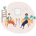 Interview show. Interviewer asks young woman questions. Two women sit on chairs and talk. TV show. Hand drawn vector