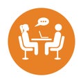 Interview, speech, woman icon. Orange color design