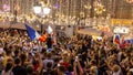 Interview on the street. Football fans of different countries celebrate the victory of the French team