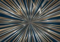 Interwoven gold and silver metallic stripes radiate from a central point on a dark blue background, Royalty Free Stock Photo