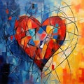 Geometric abstract artwork with a central heart motif in bold colors. AI generation