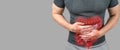 Intestinal inflammation. Abdominal pain man, photo of large intestine on man body, stomachache diarrhea symptom or food poisoning Royalty Free Stock Photo