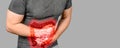 Intestinal inflammation. highlighted intestines. Irritable Bowel Syndrome. Abdominal pain man. Large intestine on man body,